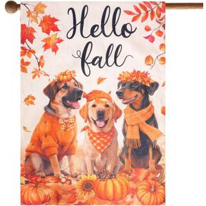 baotongle Fall Dogs House Flag 28 x 40 Double Sided Autumn Maple Leaves Thanksgiving Holiday Outside Decorations Burlap Yard Flag