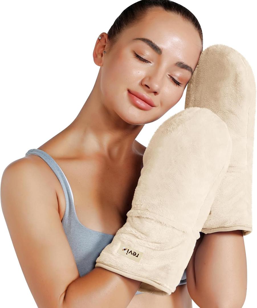 REVIX Microwavable Heating Mittens for Hand and Fingers, Cordless Heated Gloves for Cold Hands, Moist Heating Pad Microwavable for Stiff Hands and Soothing Relief, 1 Pair, Beige