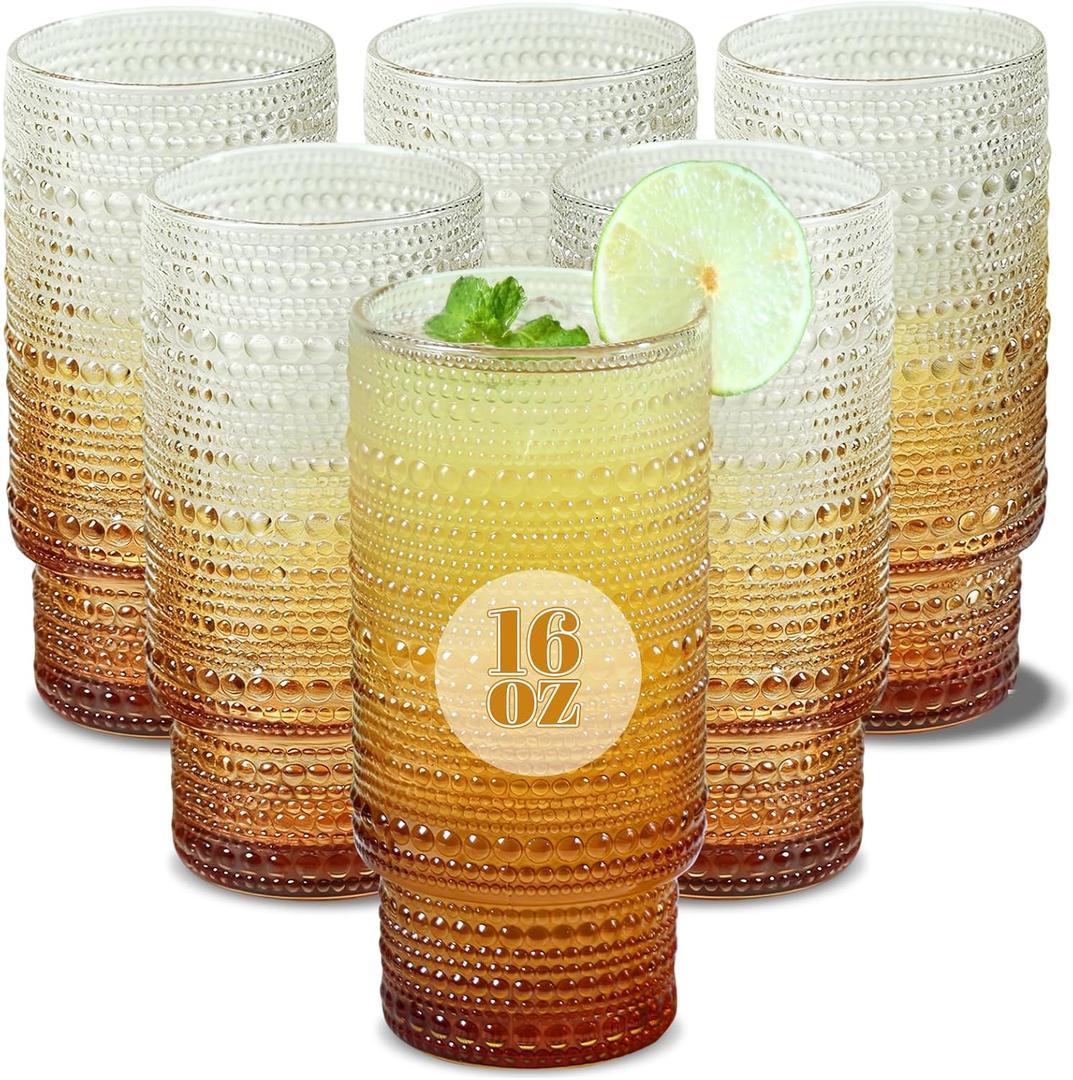 6pcs Hobnail Drinking Glasses Set, 16 oz Vintage Glassware Drinking Glasses, Gradual Amber Water Glasses Tumbler, Thanksgiving Cups for Kitchen, Juice, Beer, Cocktail, Whiskey