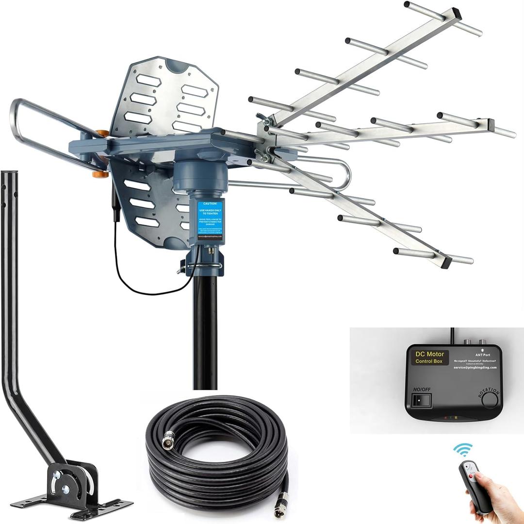 PBD Digital Outdoor TV Antenna, 150 Miles Range, 360 Rotating Directional Motor with Remote Control, Dual TV Support, Mounting Pole, 40FT RG6 Cable, UHF/VHF Reception