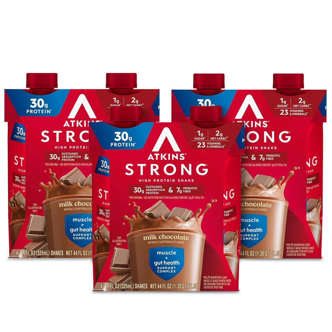 Atkins Strong High Protein Shake, Milk Chocolate, 30g Protein, 7g Prebiotic Fiber, 1g Sugar, GLP-1 Support, Muscle & Gut Health Support Complex, 12 Count (EXP 10/01/26)