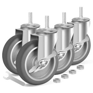 4 Inch 3/8-16x1 Threaded Stem Caster Wheels with Brake, Set of 4 Heavy Duty Locking Wheel, TPR Soft Quiet Swivel Casters for Cart, Furniture and Shelving