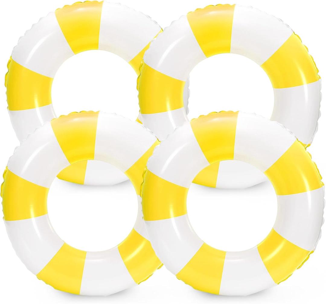 Whaline 4Pcs Inflatable Swimming Float Toy Striped Swim Ring Fun Print Pool Lounger Tube for Summer Swimming Beach Party