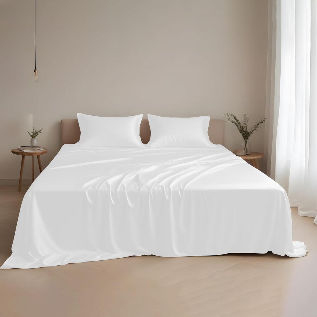 Linenwalas Eucalyptus Silk Sheet Set for Queen Size Bed 4Pc  Premium Tencel Lyocell Deep Pocket Bed Sheets Set - Soft Breathable & Cooling Sheets for Hot Sleepers (Queen, White)