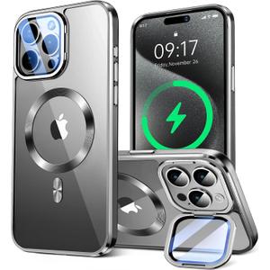 for iPhone 15 Pro Max Case Compatible with Magsafe Accessories,Stash Stand 9H Lens Protection,Slim Phone Case Military-Grade Shock Anti Yellowing Transparent Case 6.7-Grey