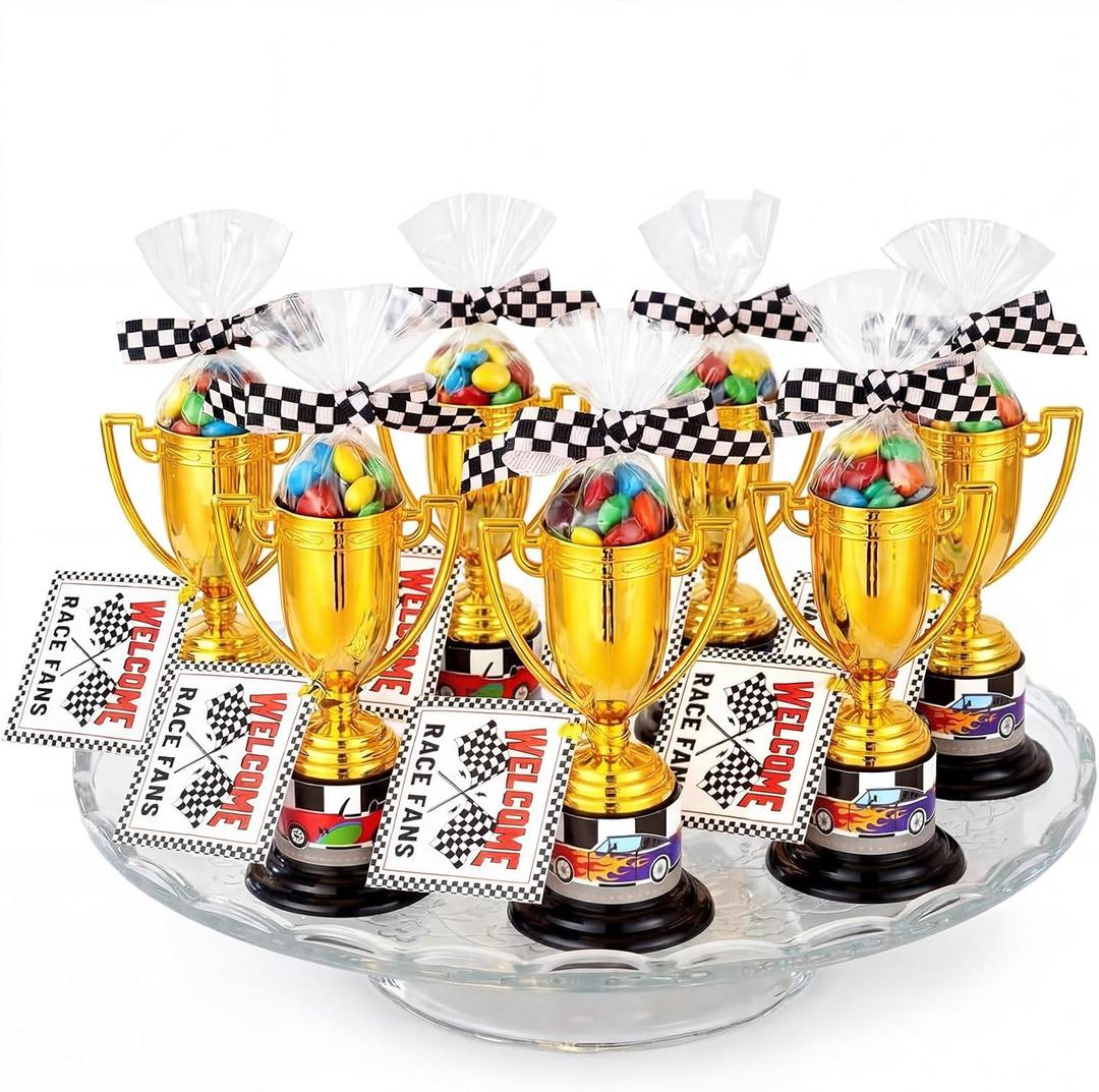 Yerliker 99 Pcs Racing Trophy Award Cup Set Gold Trophies Cups Racing Cards Stickers Black White Checkered Ribbon OPP Bags Binding Wire for Car Party Favors Birthday Party Decorations Sports Events