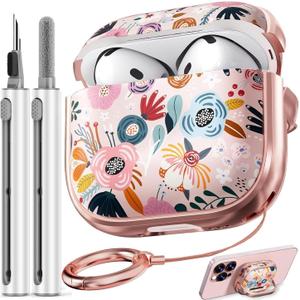 Inesore with Safety Lock for AirPods 4 Case Cover 2024,Floral Cute AirPod 4th Generation Case for Women Girly with Cleaner Kit and Keychain- Pink Berry Flower