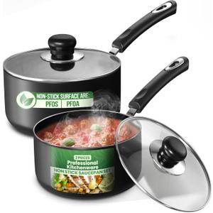 Nonstick Stock Pot Saucepan Set with Lids, 1 Quart and 2 Quarts Multipurpose Stock Pots Set for Home, Kitchen or Restaurant, Grey & Black