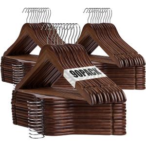 Wooden Hangers 90 Pack,Wooden Clothes Hanger for Daily Used,Heavy Duty Wood Hangers with Pant Bar & Precisely Cut Notches,Premium Hanger for Heavy Coats,Shirts,Suits,Dresses (Walnut), 8.3 inches x 17 inches