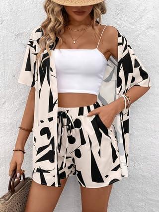 Women's 2 Piece Tropical Print Outfits Shirt Top Shorts Set (Apricot), Medium 