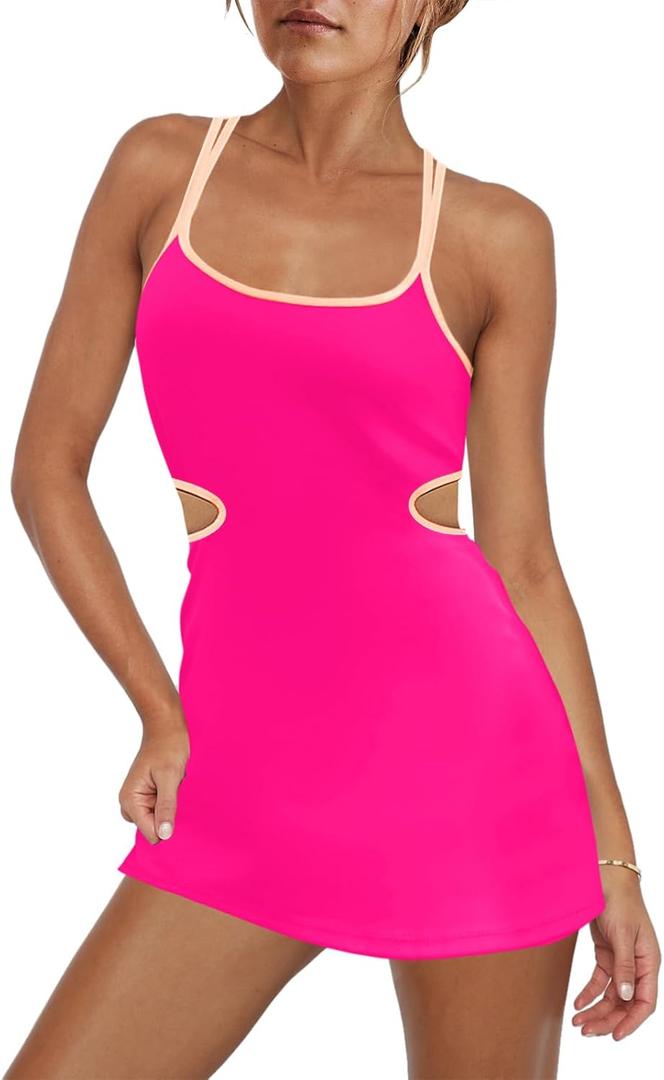 LAMISSCHE Womens Tennis Dress Built in Bra and Shorts Athletic Golf Mini Dress Backless Cut Out Onesie Romper (Pink, L)