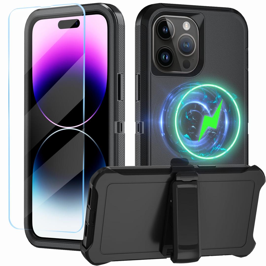 CONWOE Magnetic for iPhone 14 Pro Case,with Belt Clip,[Compatible with Magsafe] W/Tempered Glass Screen Protector,Anti-Drop,Shockproof,Heavy Duty Protection (Wine red)