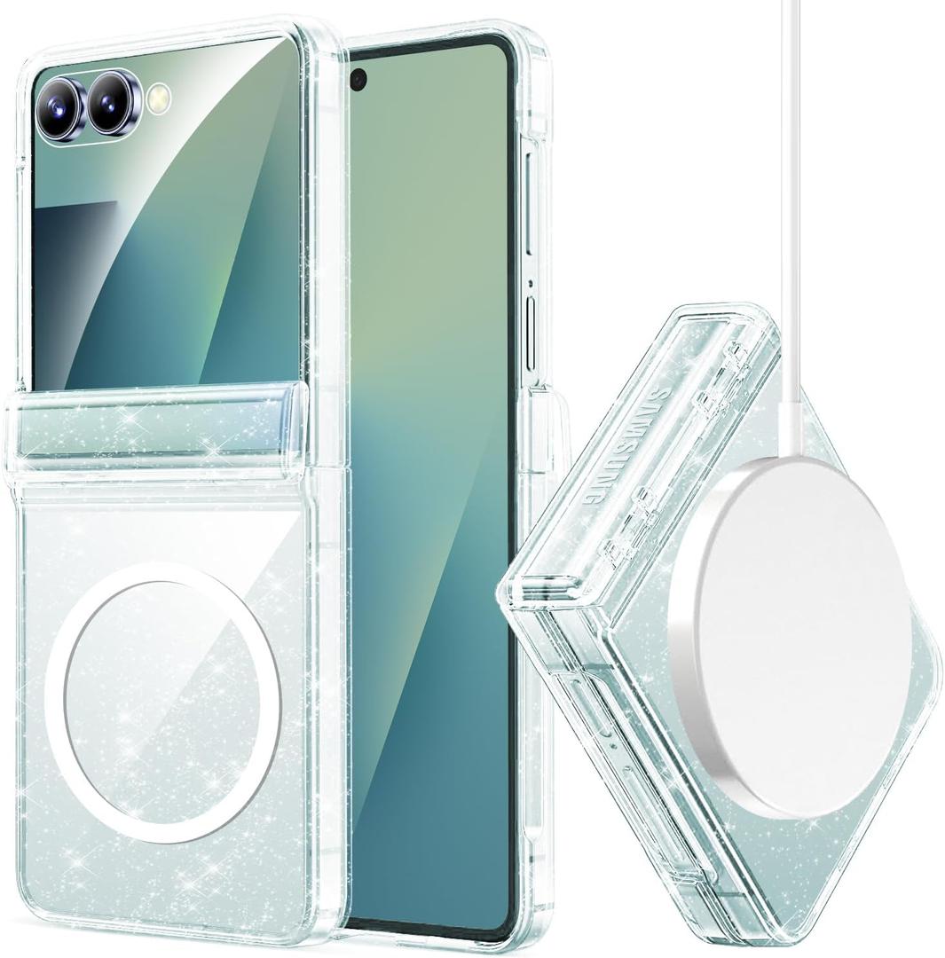 Miimall for Samsung Flip 7 Case Clear Glitter Sparkly Shiny Bling Sparkle [Compatible with MagSafe] Hinge Protection Transparent Hard Shockproof Cover for Z Flip 7 Cases Clear Magsafe, Clear Shimmer