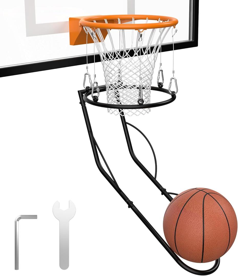 Basketball Return Attachment, Sturdy Metal Basket Ball Return Training Aid, Ideal for Single-Person Outdoor or Indoor Basketball Shooting Training (Black)