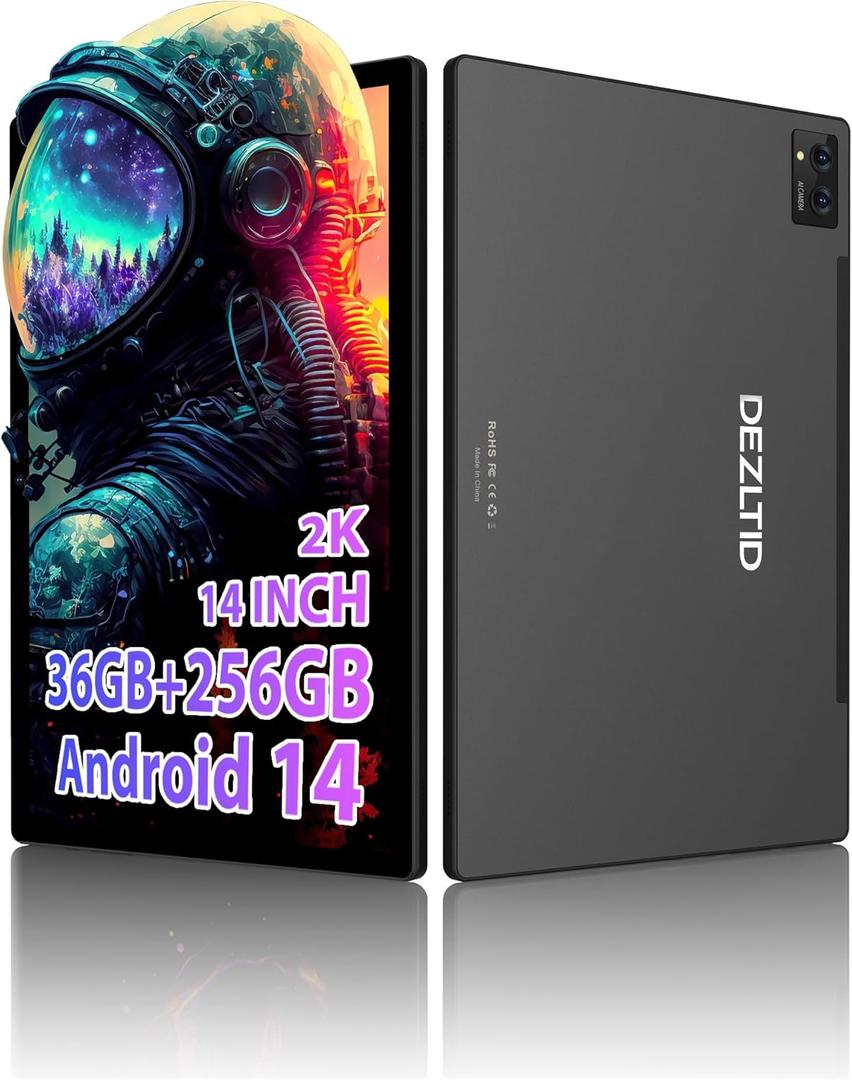 2025 Tablet 14 inch Android 14 Tablets - 2000x1200 FHD, 36GB+256GB(1TB TF), 5G/2.4G Dual WiFi, 8-Core 2.0GHz, 11580mAh,8+13MP, 4 Speakers,Split Screen, GPS with Stylus - Black