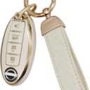 SUNCARACCL for Nissan Key Fob Cover with Leather Keychain, Soft TPU Full Protection Key Case Shell for Nissan Altima Maxima Rogue Armada Pathfinder Smart Key 4 Buttons (White)