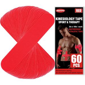 60PCS Precut Kinesiology Tape Strips, 2 inch x 10 inch Athletic Tape, Kinetic Tape, Elastic Muscle Tape, Sports Tape, Knee Tape for Exercise and Daily Use - Red