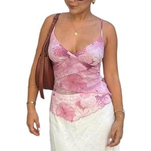 Women Y2k Mesh Tank Top Camisole Floral Print Spaghetti Strap Sleeveless V Neck Going Out Tops Cami Shirts, S