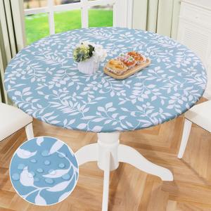 misaya Round Fitted Tablecloth with Elastic Edge, 100% Waterproof Oil Proof Plastic Table Cover, Vinyl Flannel Backed Tablecloth Fits 36"-44" Round Tables for Dinner, Outdoor, Picnic, Blue Leaves