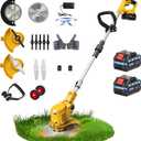 20000RPM Electric Weed Wacker with Wheel,Cordless Weed Eater, Battery Powered Weed Trimmer, 4 in1 String Trimmer,Brush Cutter/Grass Trimmer/Lawn Mower/Lawn Edger 3 Type Blades for Garden Yard
