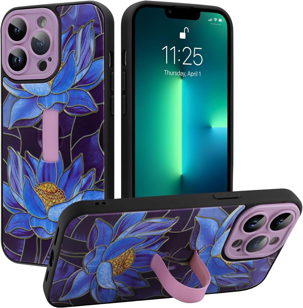 MOWIME Compatible with iPhone 13 Pro Max Case with Finger Strap, Lotus Floral Shockproof Soft TPU Protective Cover for Women Girls, Slim Anti Scratch Case for iPhone 13 Pro Max 6.7 Inch, Purple