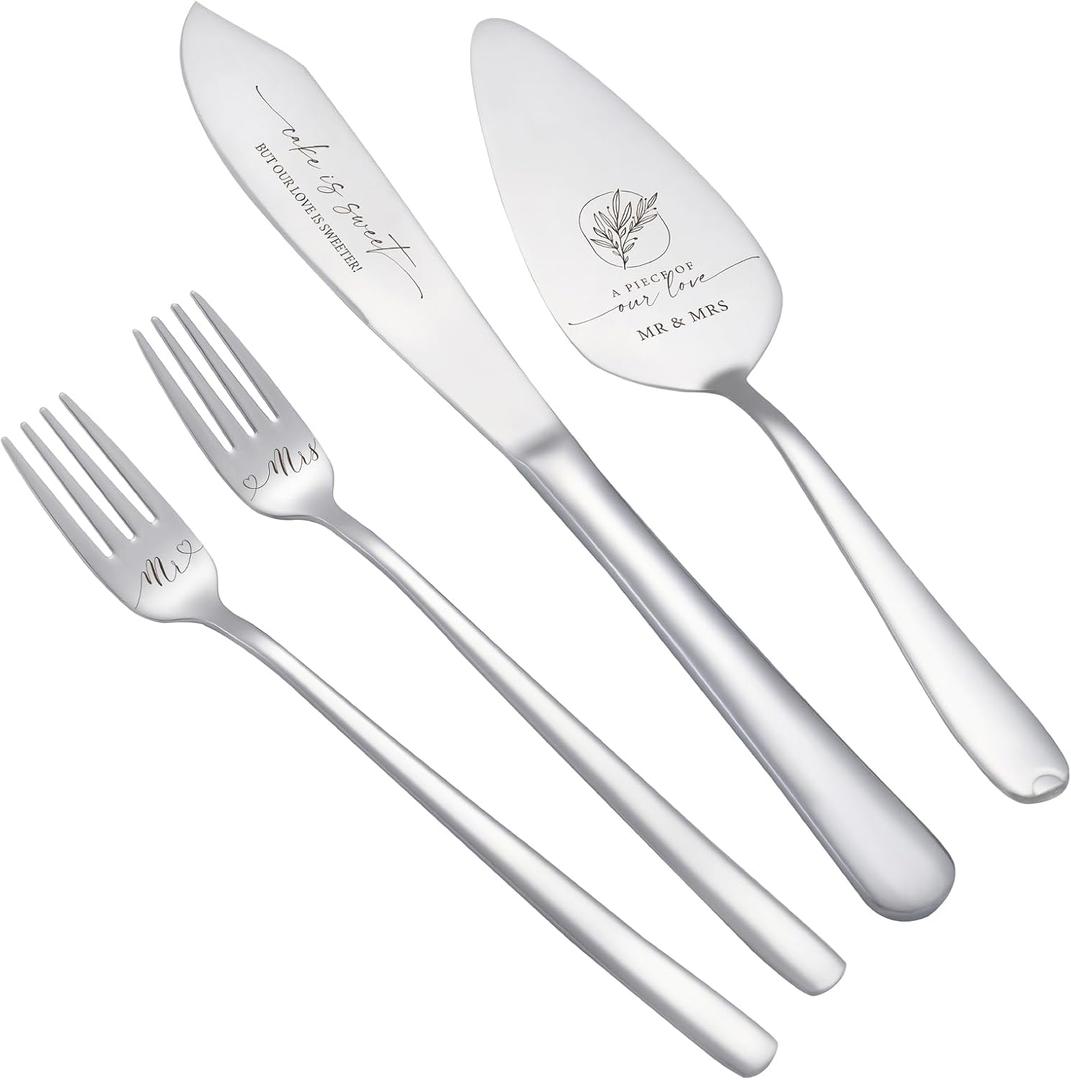 AW BRIDAL 4Pcs Wedding Cake Knife and Server set with Forks, Stainless Steel Engraved Cake Cutting and Pie Server Gifts for Bridal Shower Engagement, Silver (Silver-4Pcs)