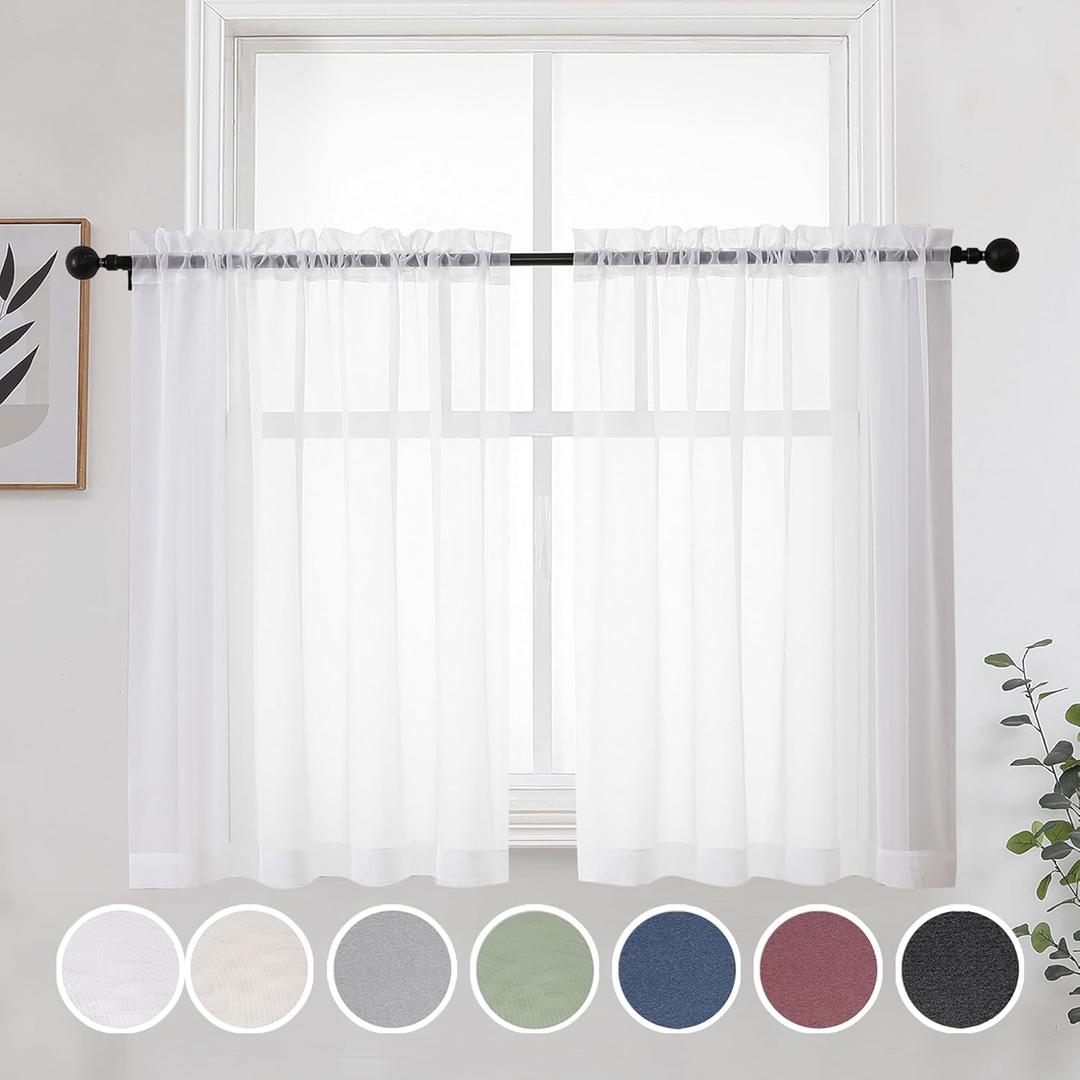 OWENIE Short Sheer Curtains 30 Inches 2 Panels Set, Kitchen Curtains Tiers Light Filtering Rod Pocket Cafe Curtain for Bathroom Small Half Window, 42 in W x 30 in L, White