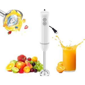 Bonsenkitchen Hand Blender, Immersion Blender with 2 Mixing Speed, Electric Portable Handheld Stick Mixer with Stainless Steel Blades for Soup, Smoothie, Puree, Baby Food, White