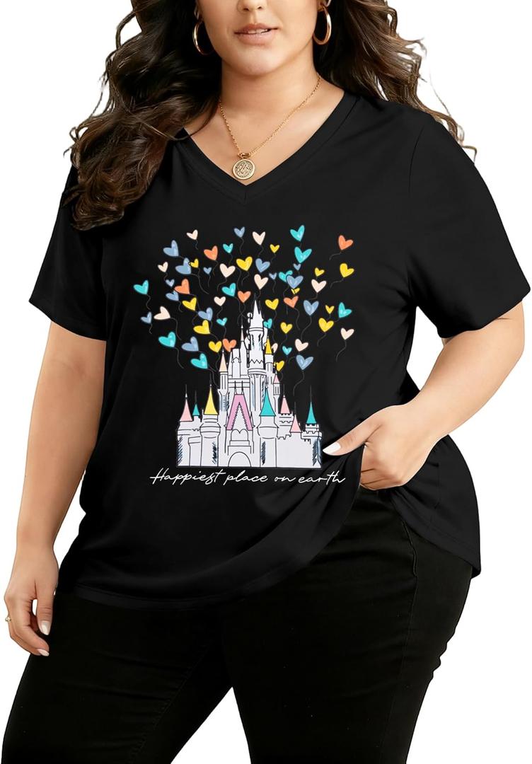Plus Size Magic Kingdom Shirts for Women Castle Graphic T Shirt Cute Holiday Shirt Princess Tee Funny Vacation Tops (X-Large Plus, Black-1)