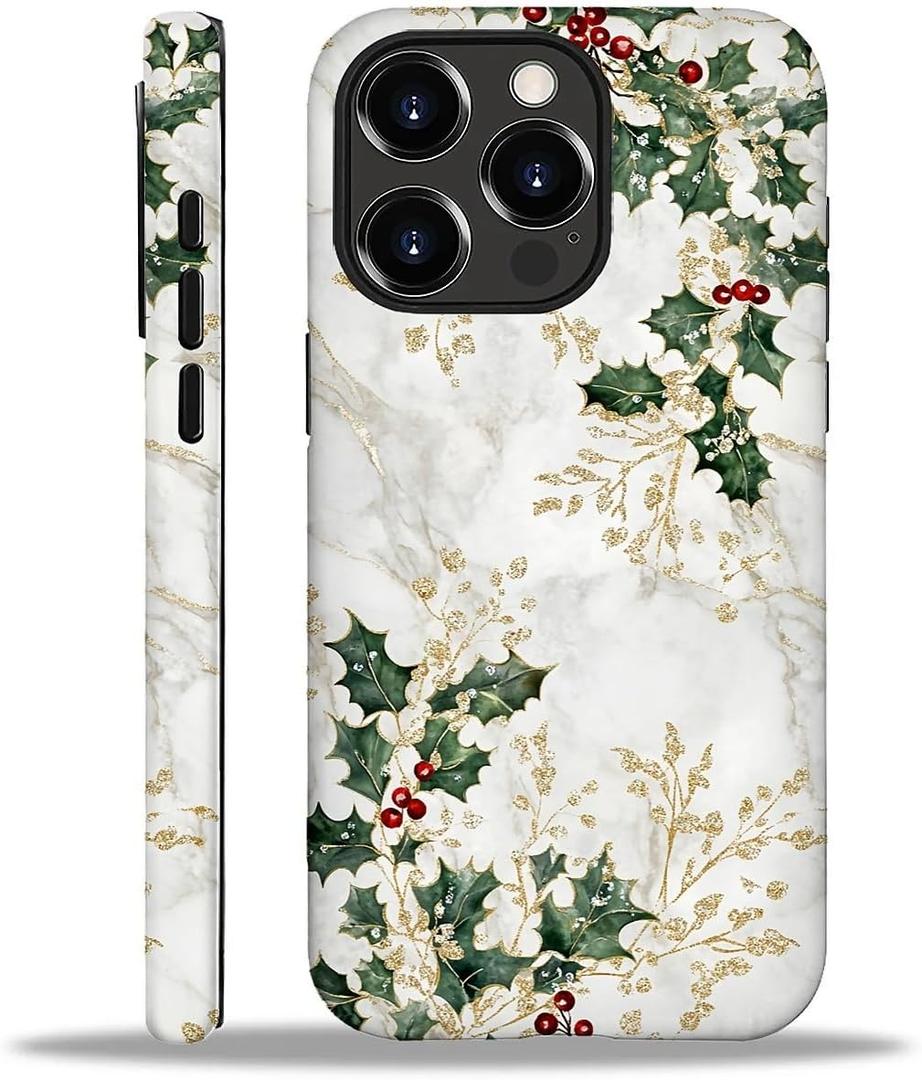 CARLOCA for iPhone 15 Compatible with Magsafe Full Body Protective Glossy Case, for Girl Boy Shockproof Magnetic Charge Esthetics Pattern White Marble Green Holly Leaves Golden Christmas