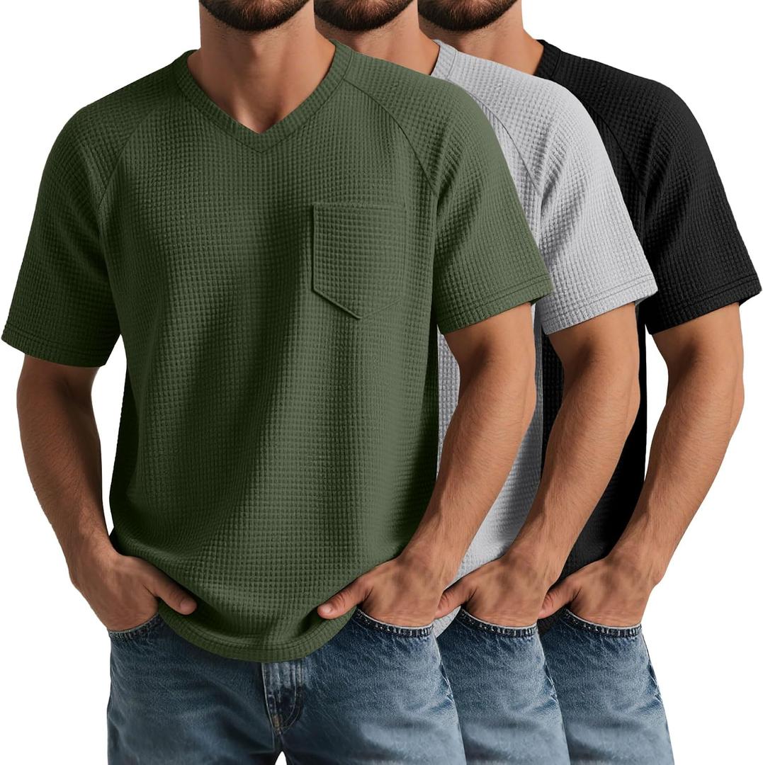 August Alley 3 Pack Men's T Shirts with Pockets Waffle Knit Casual Textured Short Sleeve Tees V Neck Basic Solid Tops, Medium