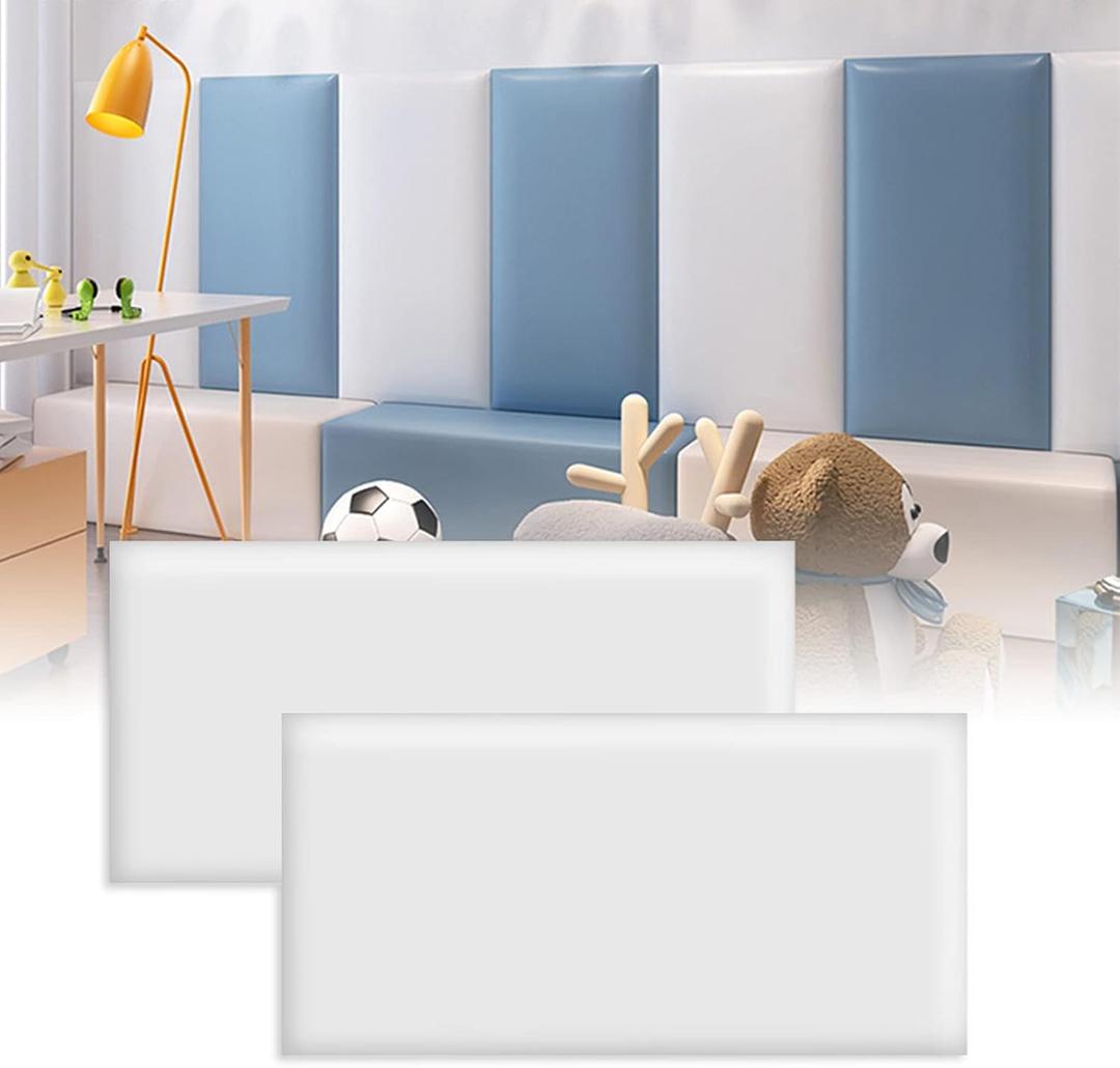 3D Anti-Collision Wall Padding, Peel & Stick Upholstered Panels, Queen Headboard, Playroom Decorative Protection, Pack of 2 Panels - 23.6' X 11.8' (White)