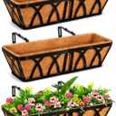 LCHUANG Deck Railing Planter Window Box - 3 Pack 24 Inch Deck Balcony Rail Planter with Coconut Coir Liner, Fence Metal Hanging Flower Planter Basket Deck Railing Planter Boxes for Outdoor Lawn