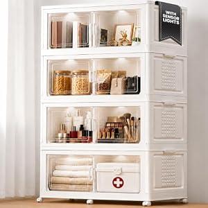 FINCHESCLUB 752QT/ 188GAL Large Collapsible Closet Organizer, 2 Lids, Stackable Storage Bins, Plastic Foldable Storage Cubes with Wheels, Doors and Motion Sensor Lights, 4 Tier, White