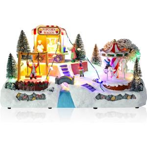 Christmas Village House, Animated Popcorn Popper with Carousel Scene Lighted Musical Christmas Village Set with Colorful LED Light, Battery Operated Collectible Building for Indoor Holiday Table Decor