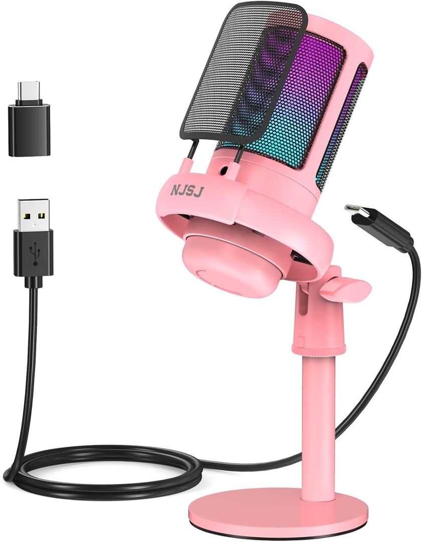 NJSJ USB Microphone for PC, Gaming Mic for PS4/ PS5/ Mac/Phone,Condenser Microphone with Touch Mute, RGB Lighting,Gain knob & Monitoring Jack for Streaming,Podcasting (with Desktop Stand, Pink)