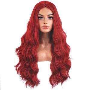 MAGQOO Red Wigs for Women Girls Bright Neon Red Wig with Bangs Long Curly Wavy Wigs Halloween Cosplay Costume Party Wig Synthetic Heat Resistant
