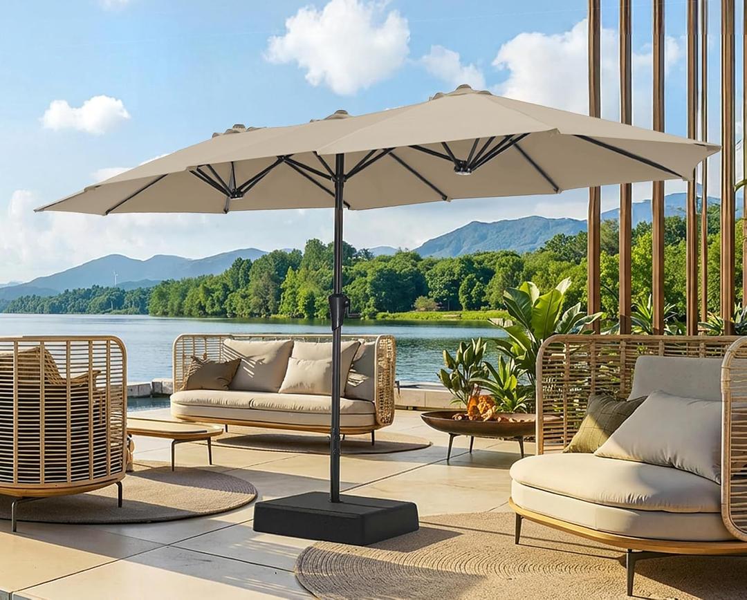 SUPERJARE 13FT Outdoor Patio Umbrella with Base Included, Double Sided Pool Umbrellas with Fade Resistant Canopy, Large Table Umbrella for Deck, Market, Backyard - Warm Beige