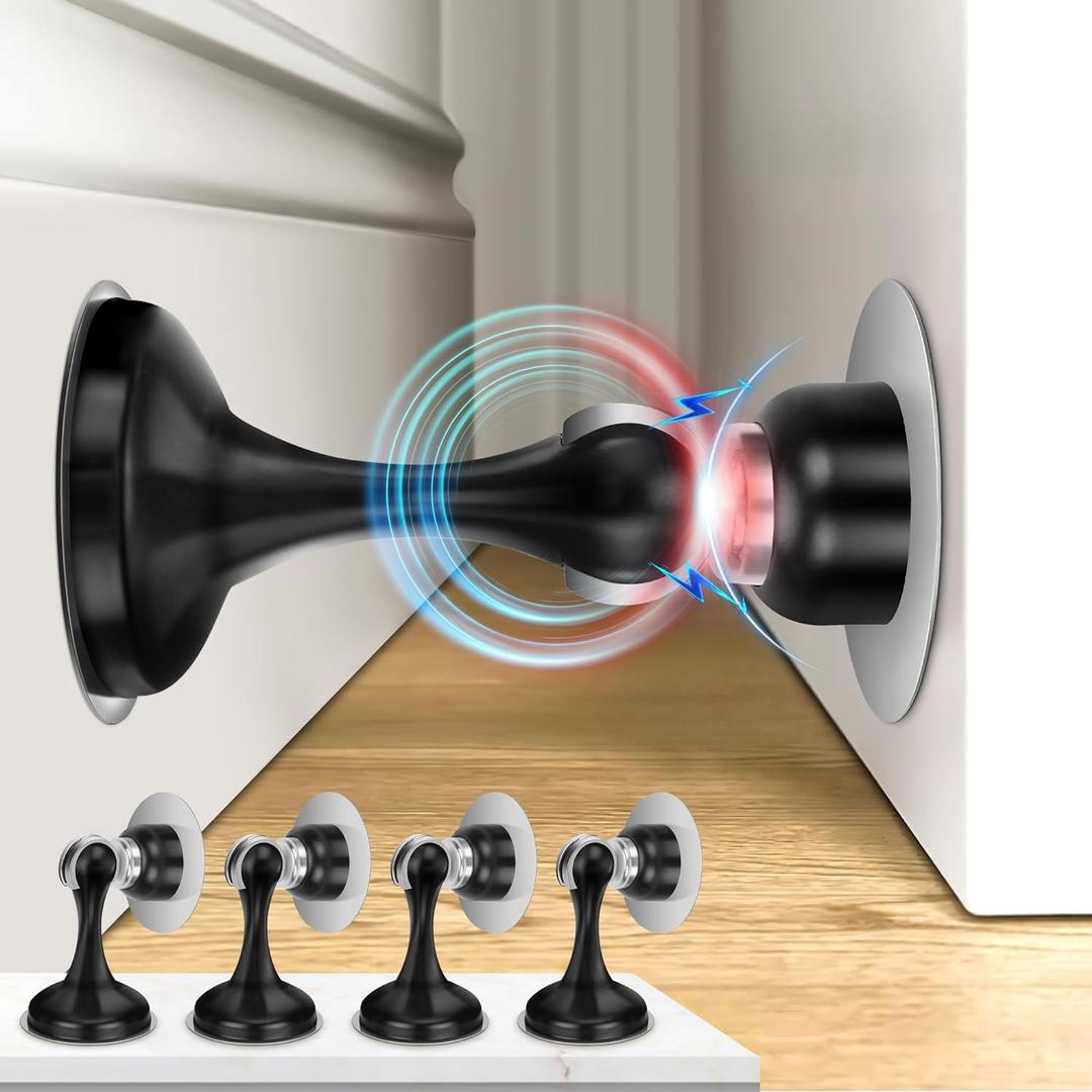 Crosize Magnetic Door Stoppers 4 Pack, Stainless Steel Door Stops for Wall and Floor Mounting, Door Holder Keep Door Open, No Drilling Door Stop with 3D Adhesive Tapes, Black