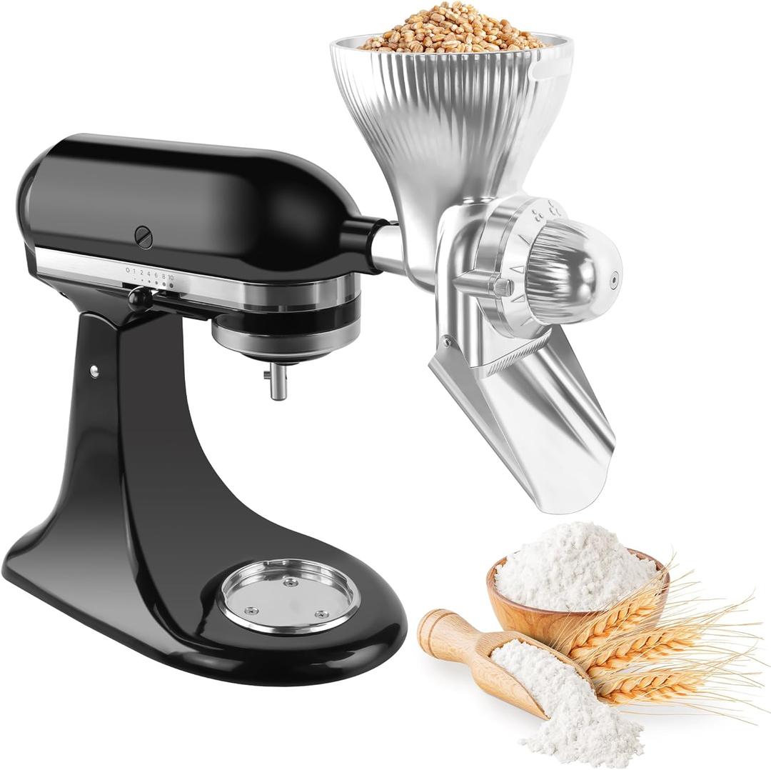 Grain Mill Attachment for KitchenAid Stand Mixer, All Metal 12 Levels Flour Grinder for Kitchenaid Accessories, Home Grain Mill for Wheat, Corn, Oats, Buckwheat, Millet, Low-Oil Grains (Pouring Chute)