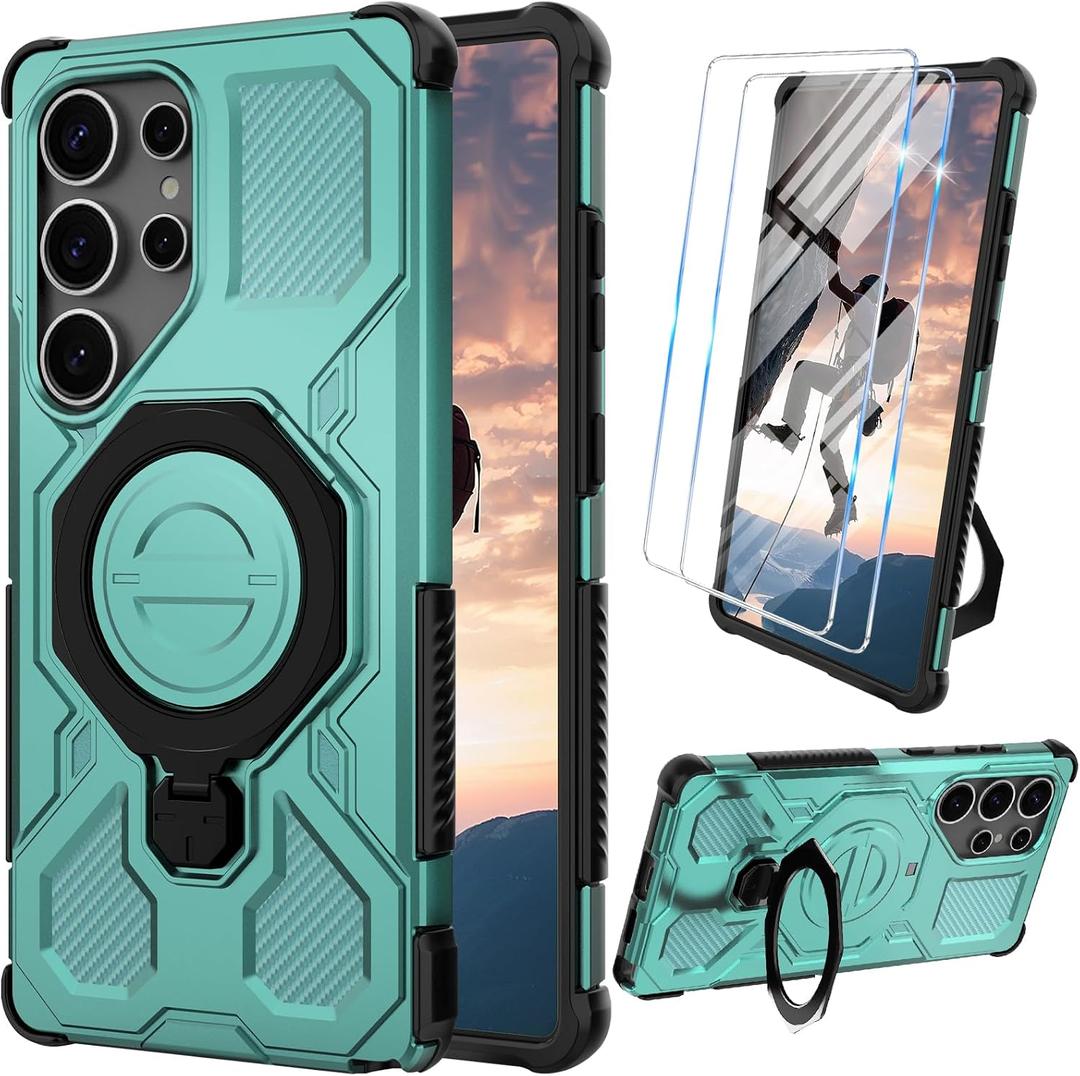 for Samsung Galaxy S25 Ultra Case with Tempered Glass Screen Protector, Heavy Duty Military Grade Shockproof Protective Cover 360 Ring Magnetic Kickstand Cell Phone Case for Samsung S25 Ultra (Green)