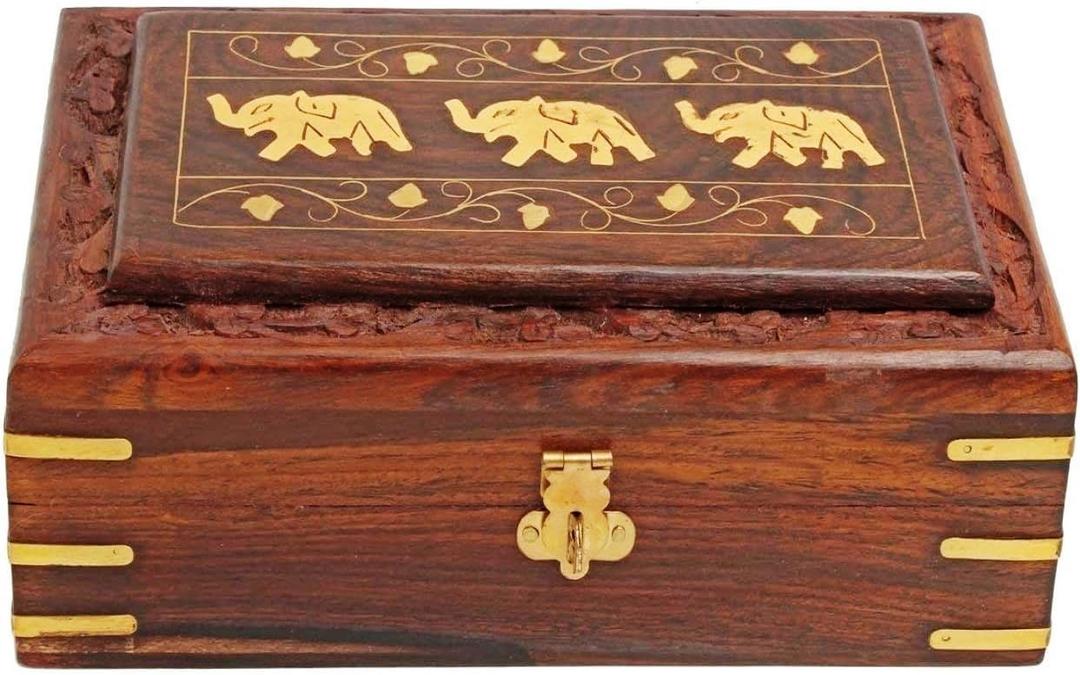 TOSQP27 Gift Jewelry Box Brass Elephant Inlay Hand-Carved Rosewood 8-Inch Wooden Keepsake Storage Box Velvet Lined Gift for Women, Girls, Mom Artisan Made Organizer
