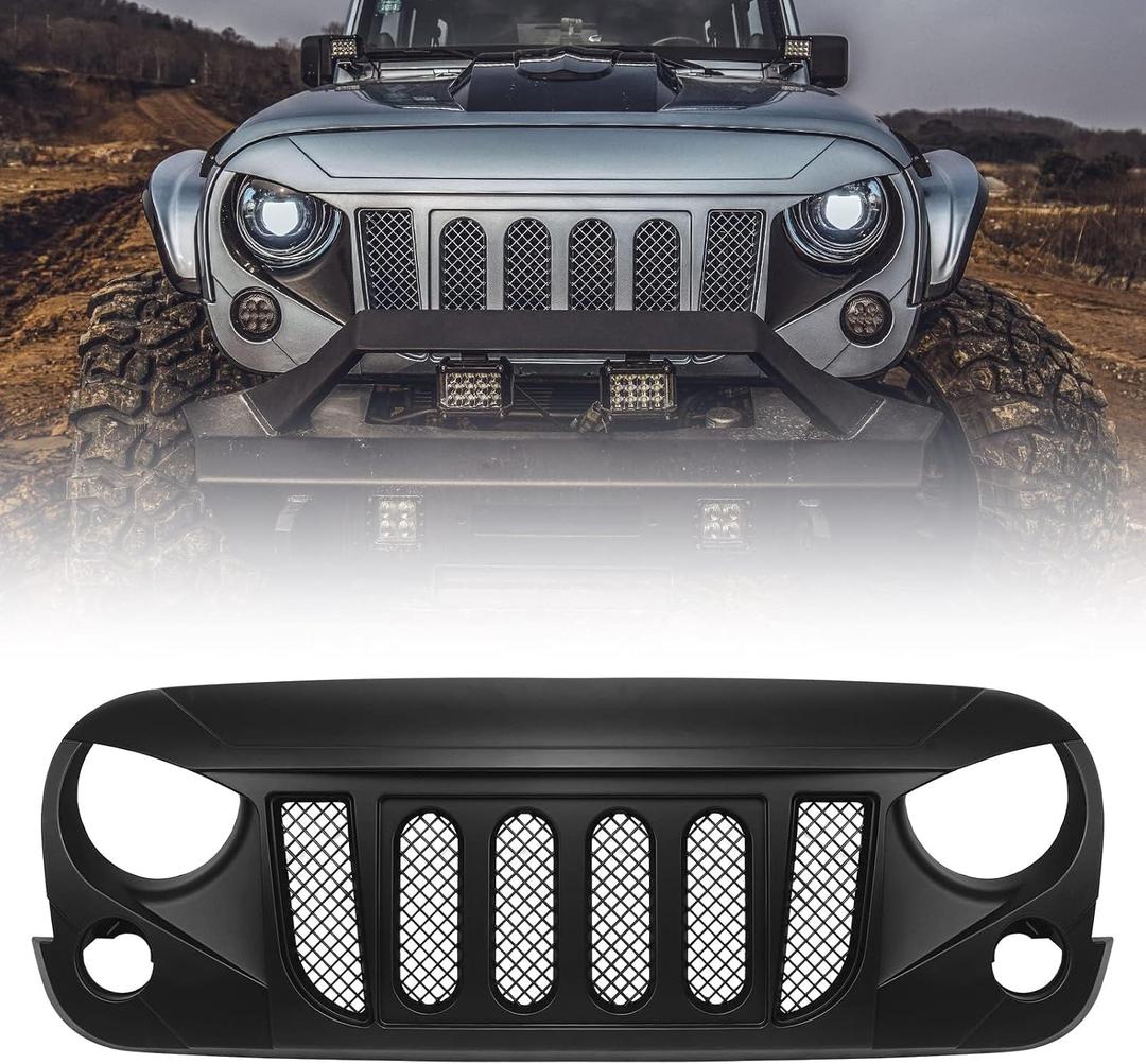Front Grill for Wrangler JK JKU 2 & 4 Door 2007-2018 Rubicon Sahara Sport Black Grid Grille w/Mesh (Transformer)