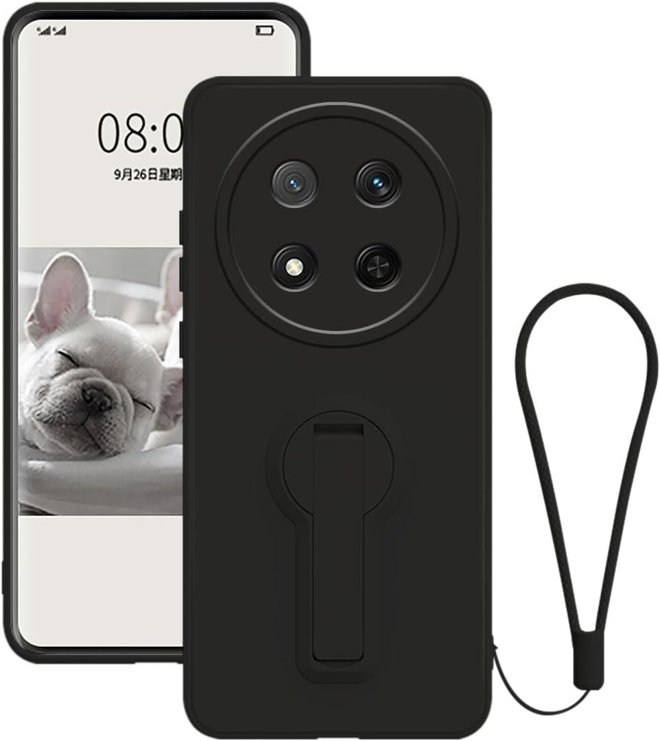 for Honor Magic 7 Lite Case with Stand for Women Men, Compatible with Honor Magic7 Lite/ X9c Phone Case Silicone with Strap Soft Shockproof Phone Cover (Black)