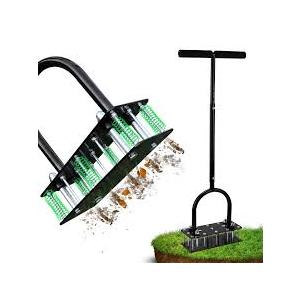 Lawn Aerator & Aerator Lawn Tool - Manual Yard Aerator for Lawn with 15 Spikes, Automatic Dirt and Leaf Clean Design, Adjustable T-Handle, Pre-Assembled Lawn Aerator Tools (Black)