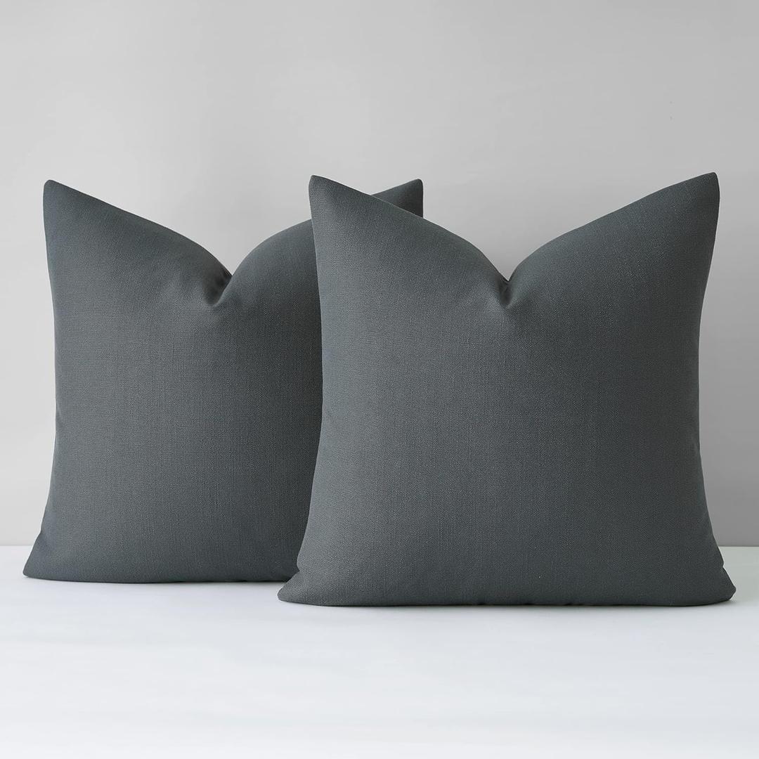 Mixhug Decorative Linen Throw Pillow Covers, Farmhouse Cushion Covers for Couch and Bed, Dark Grey, 18 x 18 Inches, Set of 2