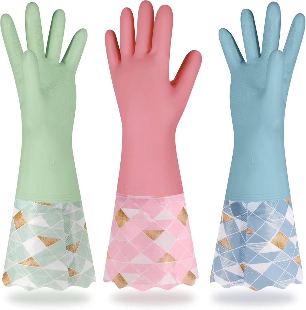 Household Cleaning Gloves 3 Pairs Reusable Dishwashing Gloves Latex Free, Non-Slip Kitchen Gloves with Cotton Lined, Waterproof Dish Washing Gloves