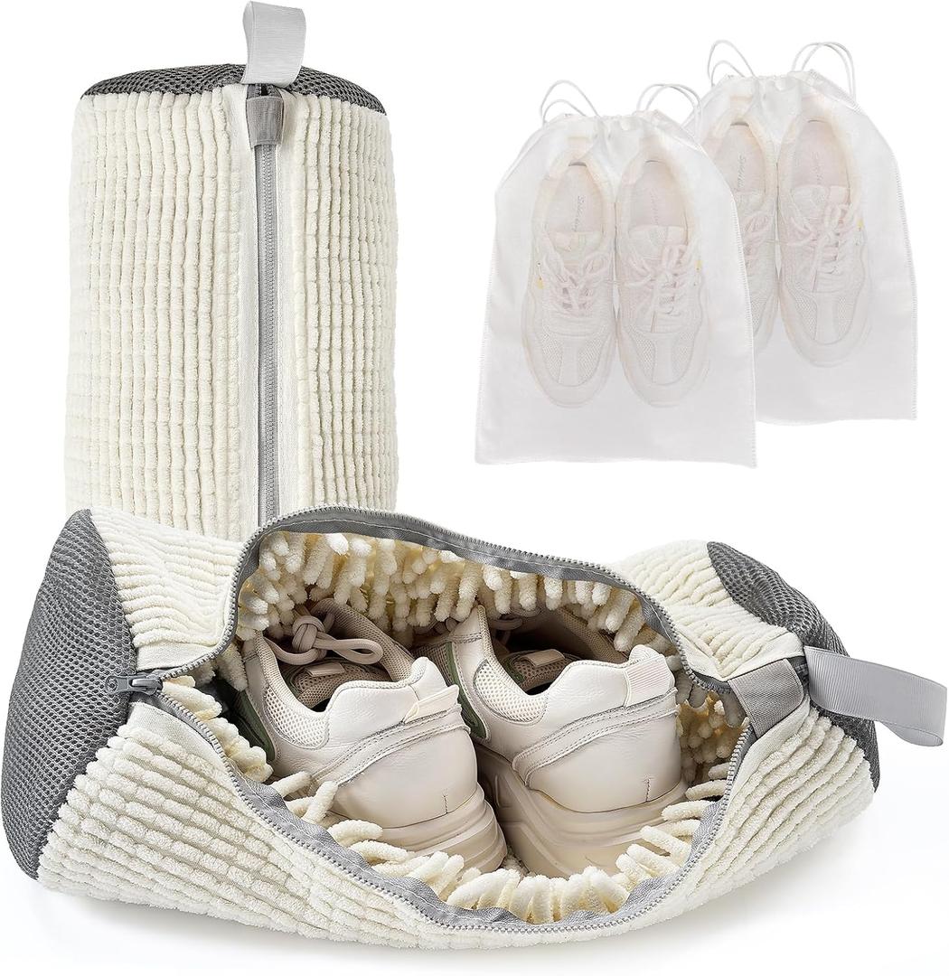 Shoe Washing Machine Bag for Washer & Dryer, Large Shoe Bag for Washing Machine Plush Fibers laundry Bag for Sneakers, Tennis Shoes and Gym shoes, White (2PCS)