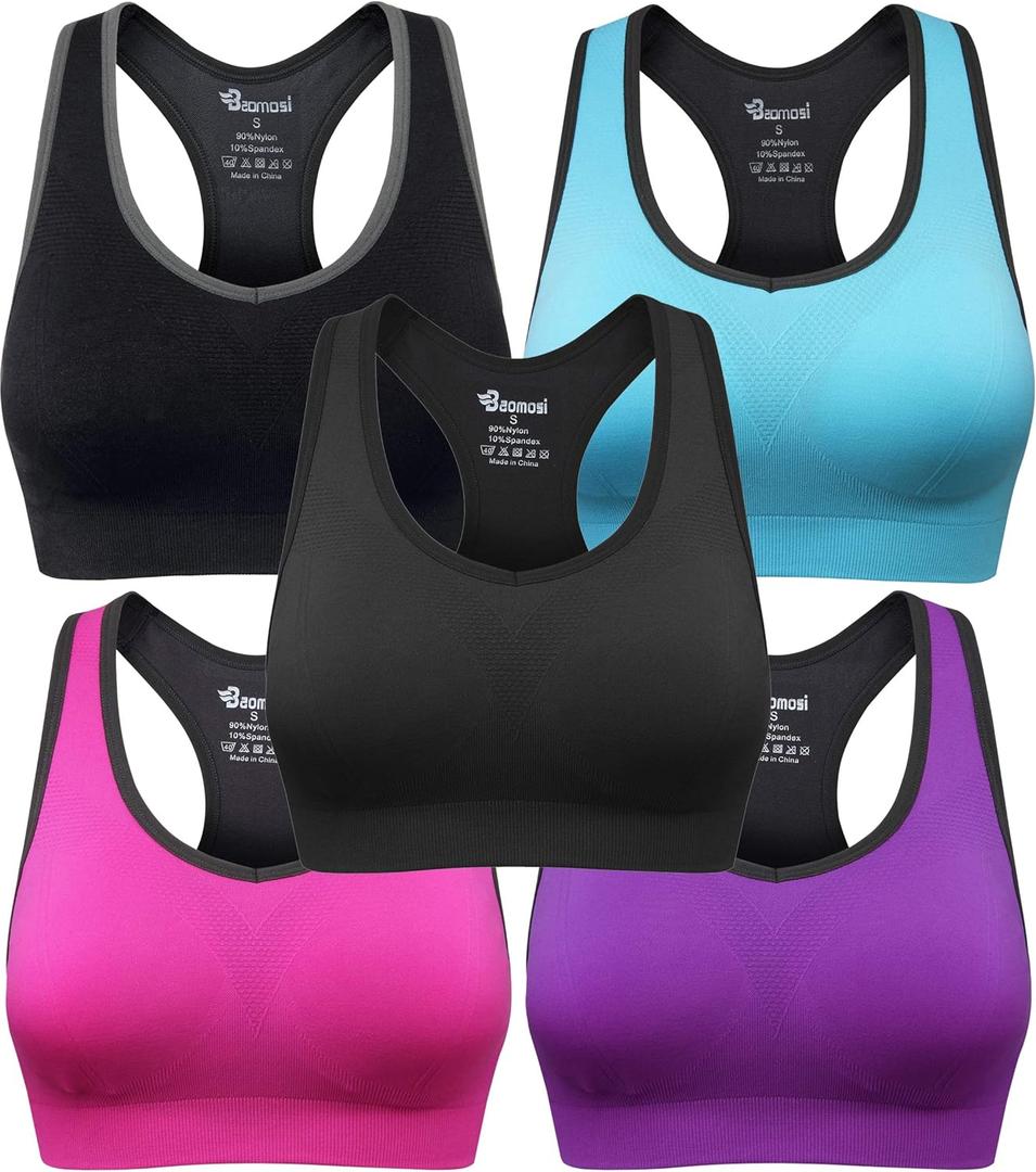 Women's Seamless Racerback Sports Bra High Impact Support Yoga Gym Workout Fitness (Medium, 5 Pcs (Black, Blue, Grey, Purple, Rose Red))