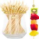[300PCS] Cocktail Picks, Fancy Toothpicks for Appetizers Drinks Food Fruit, 4.7 IN Long Decorative Bamboo Skewers, Gold Pearl Wooden Garnish Sticks for Charcuterie Boards Accessories Party Supplies